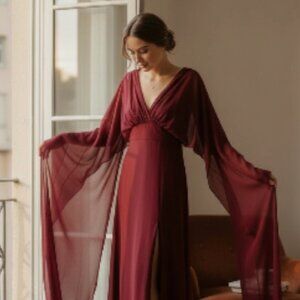 Red Evening Gown – Size 16 – Attached Chiffon Shawl – NWT